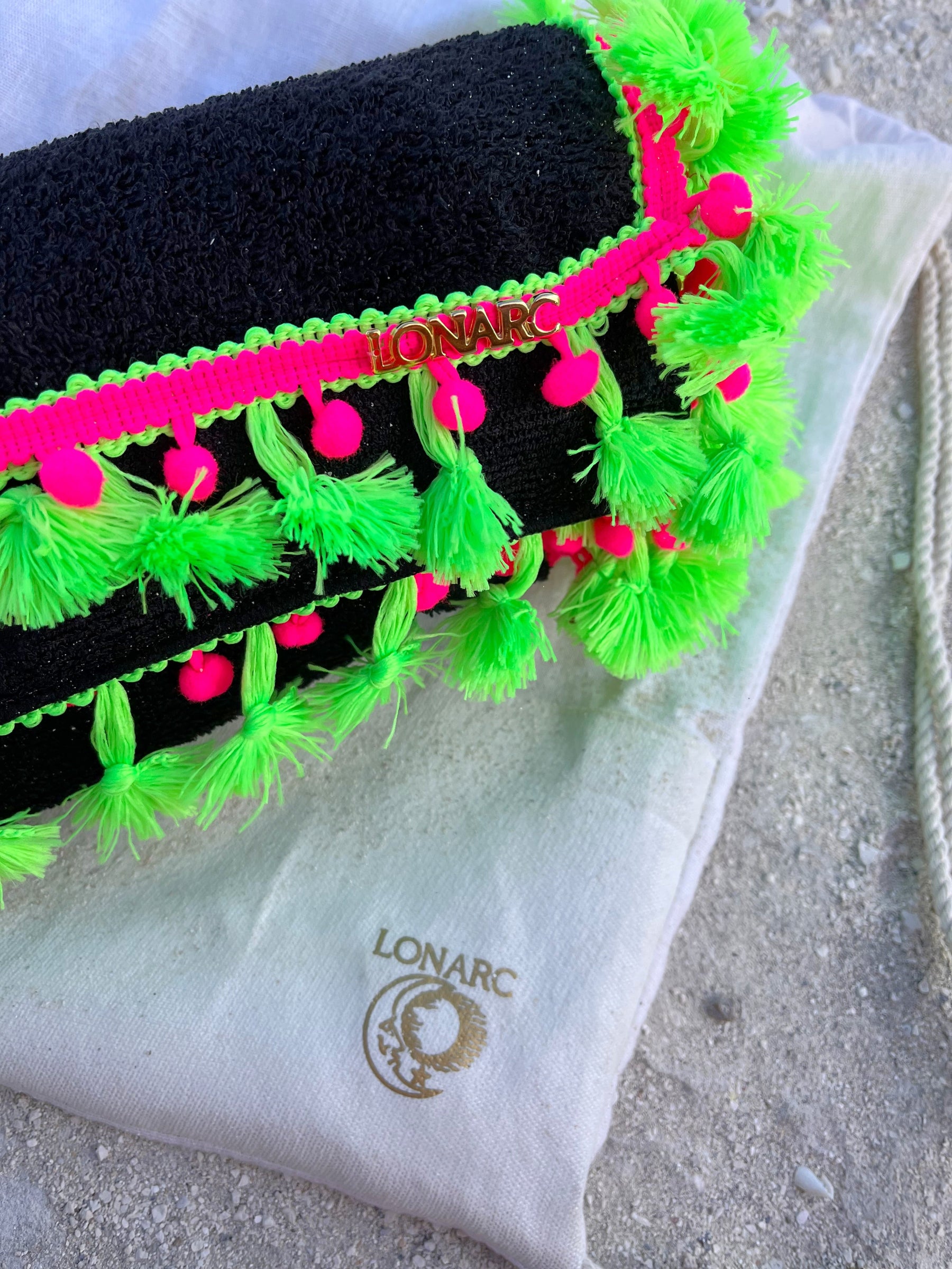 Lonarc Towel Black with Neon Green and Pink Pompons