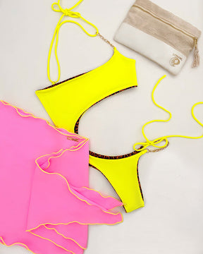 Opalo One Piece Leopard Print and Neon Yellow Double Side